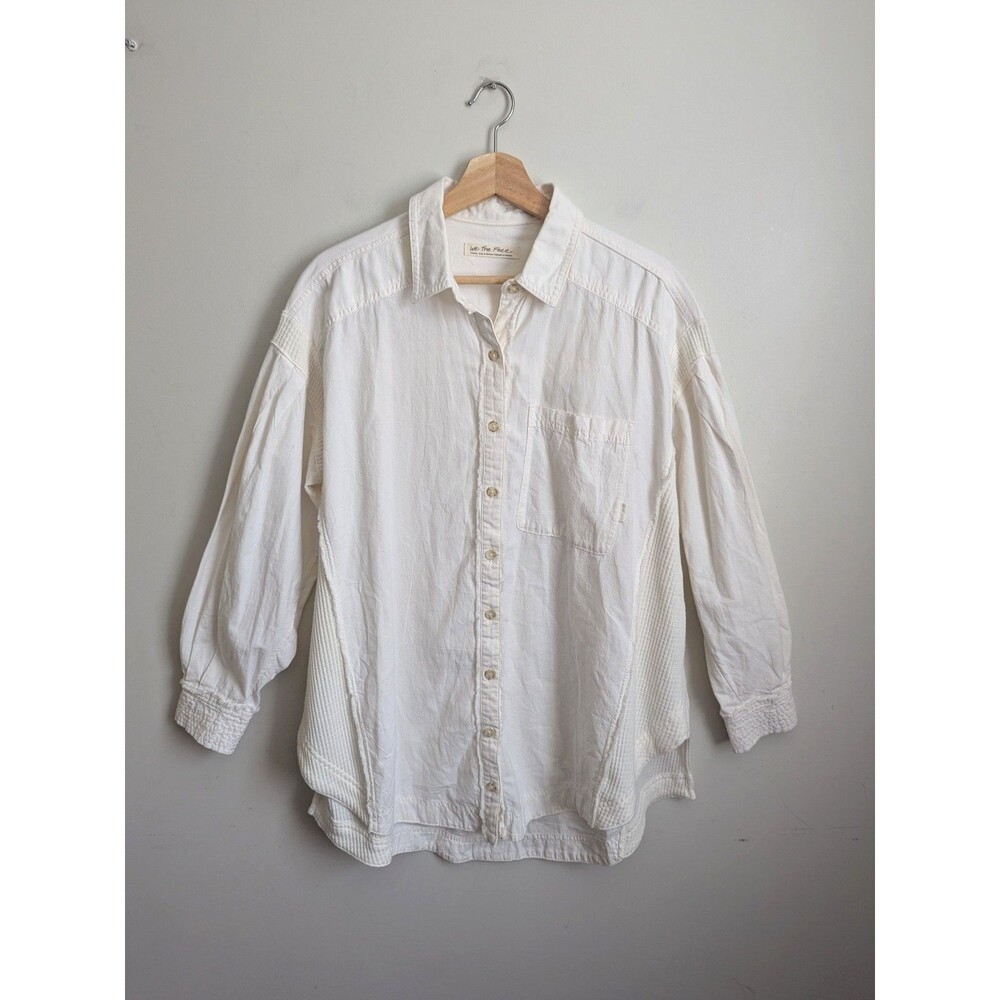 We The Free People All Day Waffle Shirt Ivory Buttondown Oversized Pocket Cotton